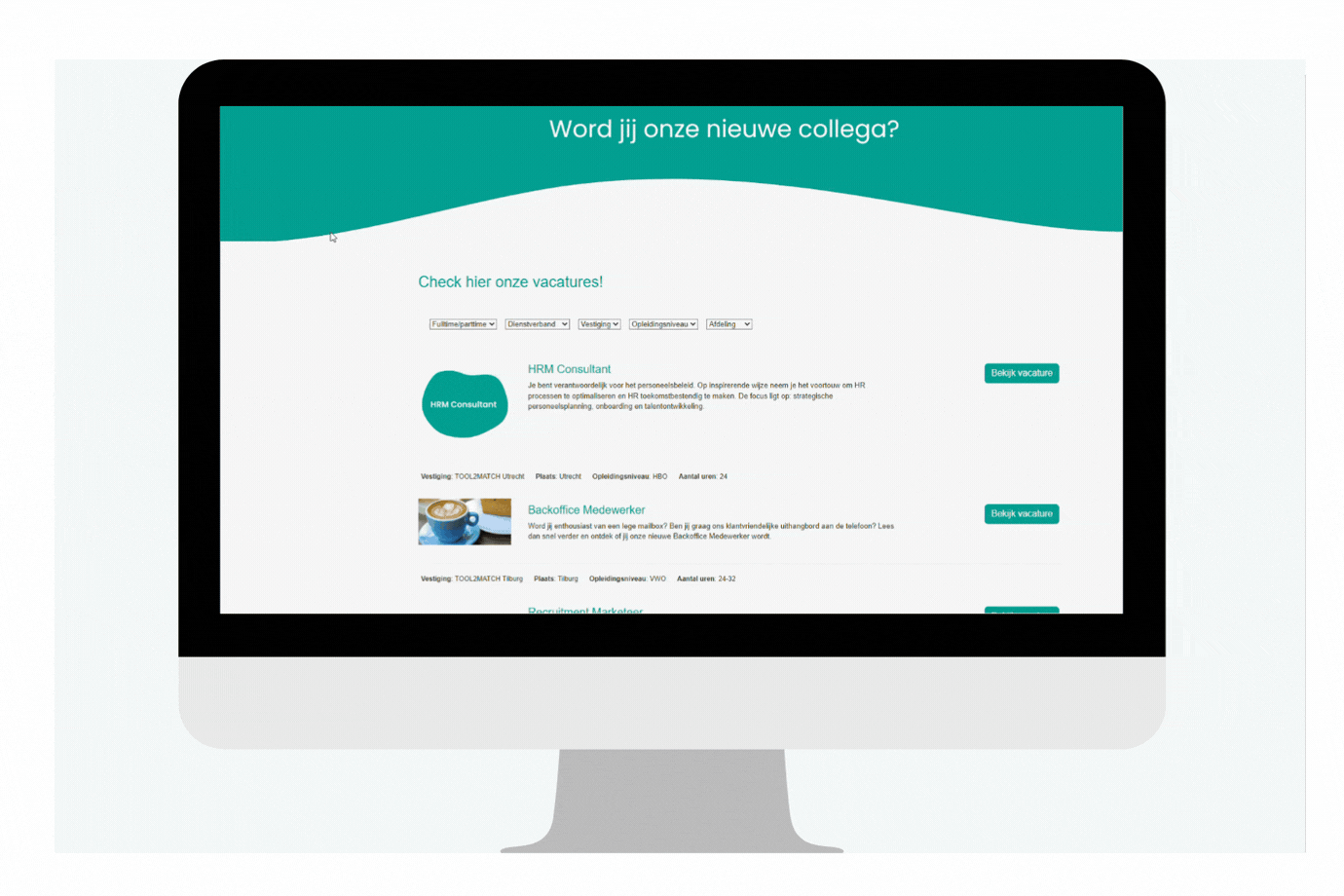 Voorbeeld van een werken-bij website in huisstijl, aangestuurd vanuit TOOL2MATCH recruitment software